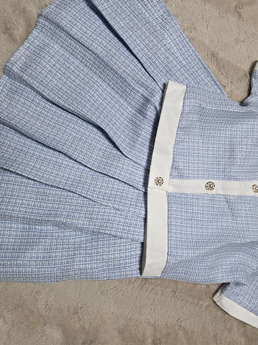 SHEIN Light Blue Tweed Pleated Kids Dress with White Trim